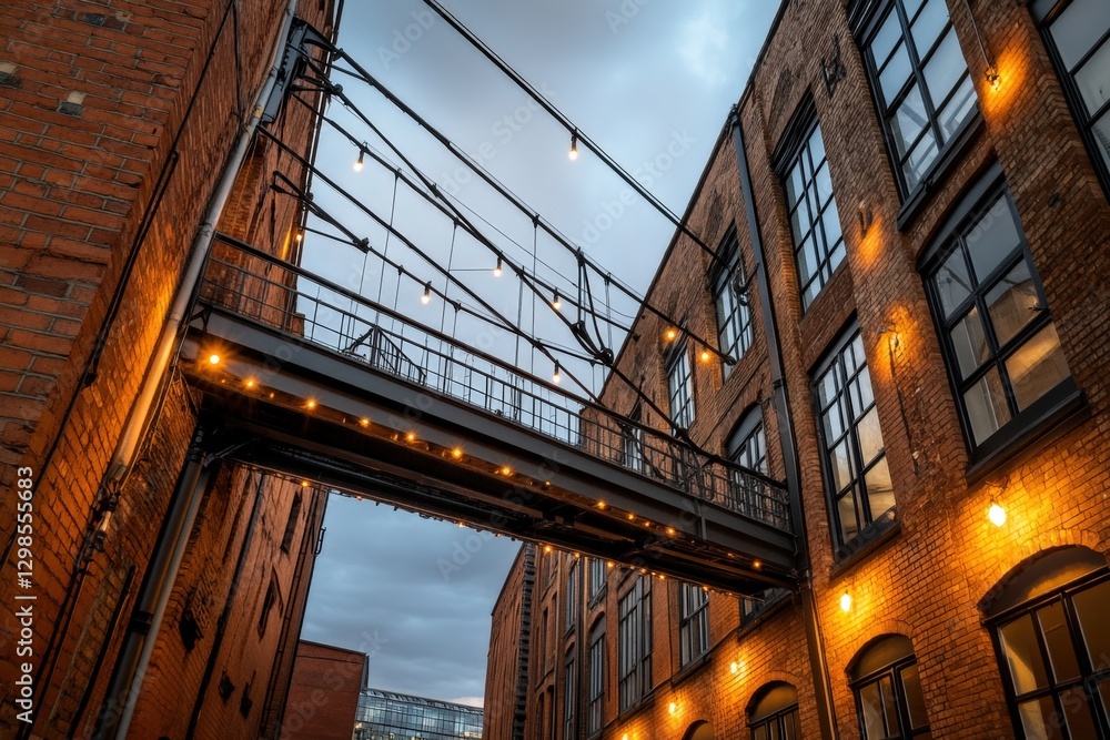 Obraz premium a steel skywalk between brick buildings with lights