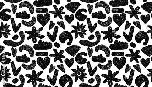 Fun retro seamless pattern with bold geometric bizarre shapes in trendy crayon drawing style. Bold pencil abstract shapes forming a pattern. Trendy black and white design