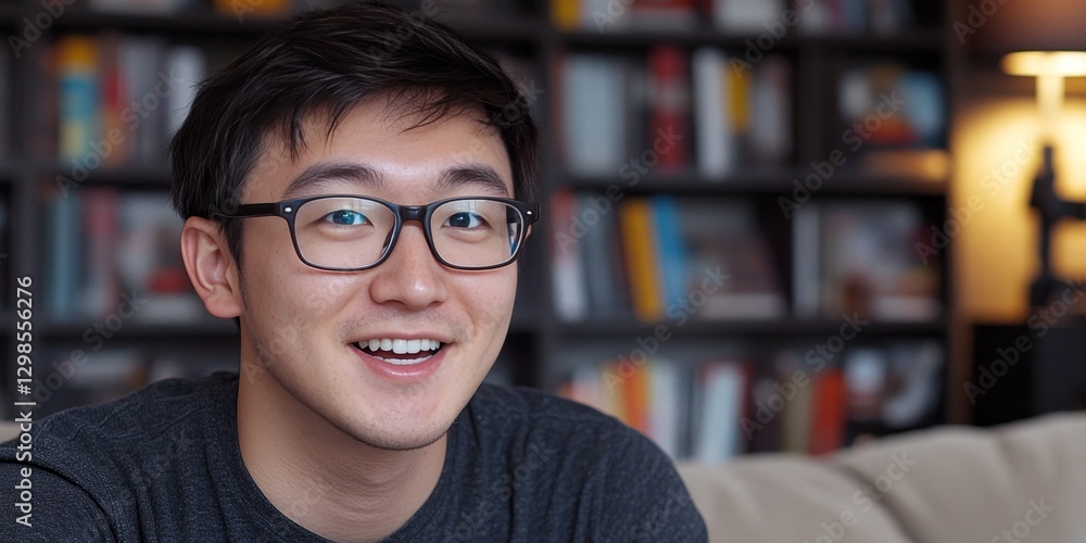 Smiling Young Man with Glasses in Front of Bookshelves, Casual Portrait with Natural Light Smiling Young Man with Glasses in Front of Bookshelves, Casual Portrait with Natural Light