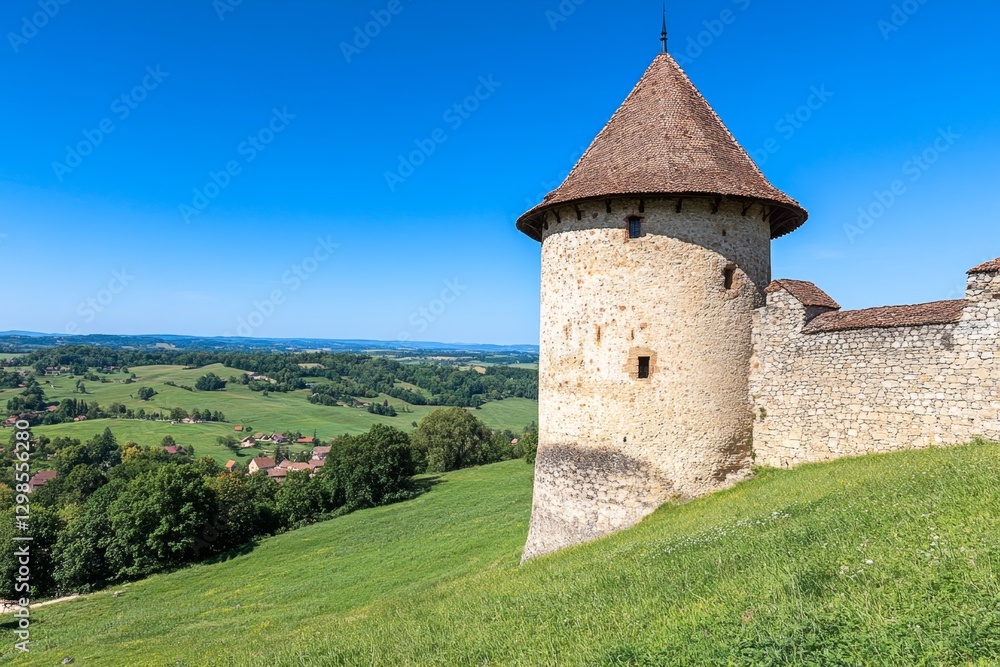 A medieval castle standing proudly on a hilltop, surrounded by lush green fields A medieval castle standing proudly on a hilltop, surrounded by lush green fields
