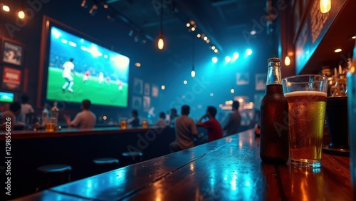 TV screen with live match, Sports bar at night with massive LED TV broadcasting live match glowing beer bottles wood grain walls in photorealistic 
