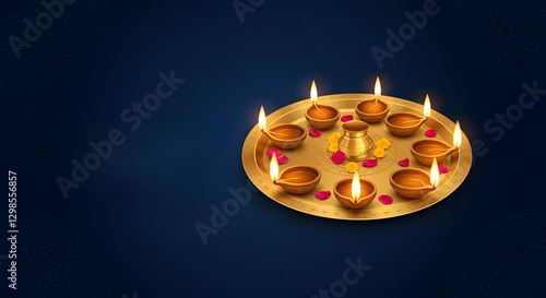 Decorative platter with lit oil lamps and flower petals for festival photo