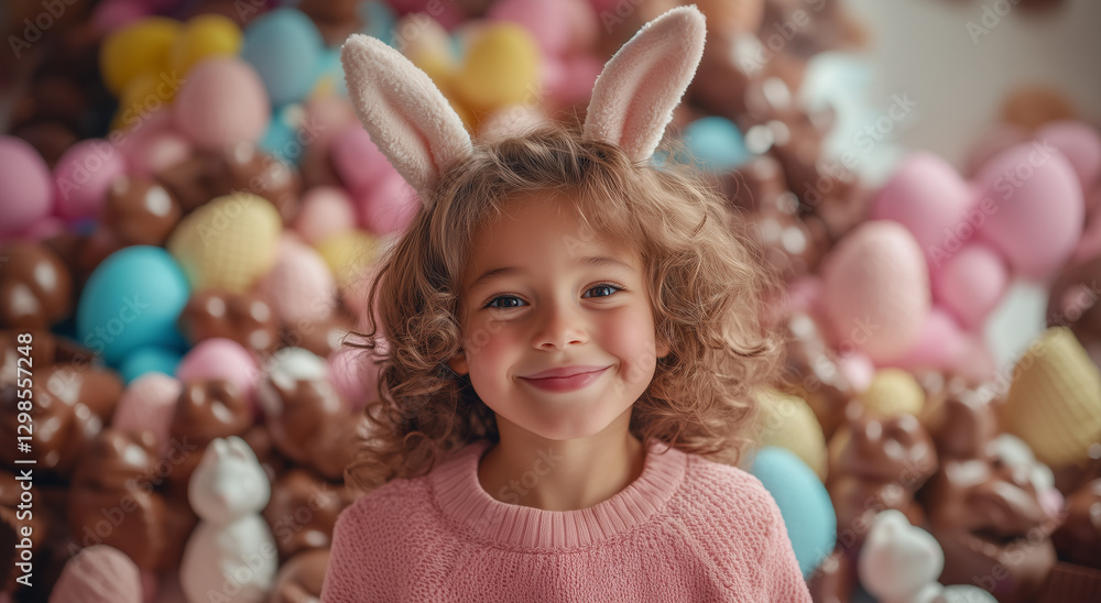 happy child celebrating easter day on a colorful and captivating background with chocolates, bunnies and sweets happy child celebrating easter day on a colorful and captivating background with chocolates, bunnies and sweets
