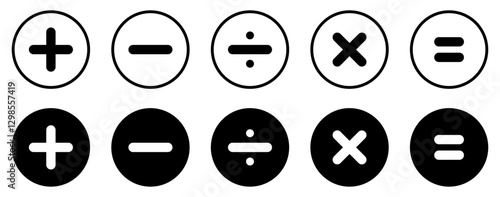 Plus, minus, multiplication, equal, division symbol black color isolated vector illustration. Calculator math icons. Flat style.