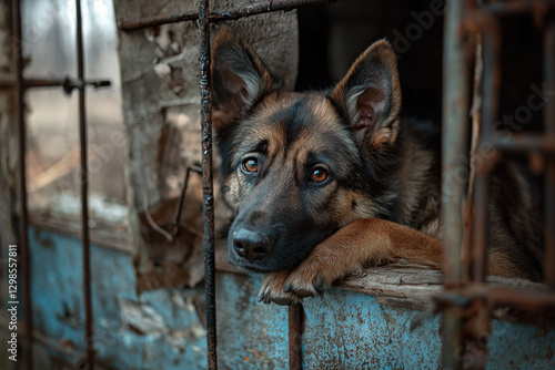 A loyal dog gazes through a broken window in an abandoned building, capturing a moment of solitude and longing amidst the remnants of the past