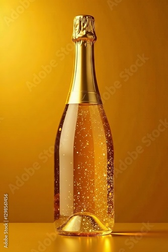 Shimmering gold champagne bottle against gold background, sparkling, texture