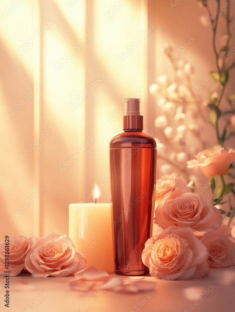 Elegant hair or body care mockup with warm floral aesthetic. The product has no label or logo Elegant hair or body care mockup with warm floral aesthetic. The product has no label or logo