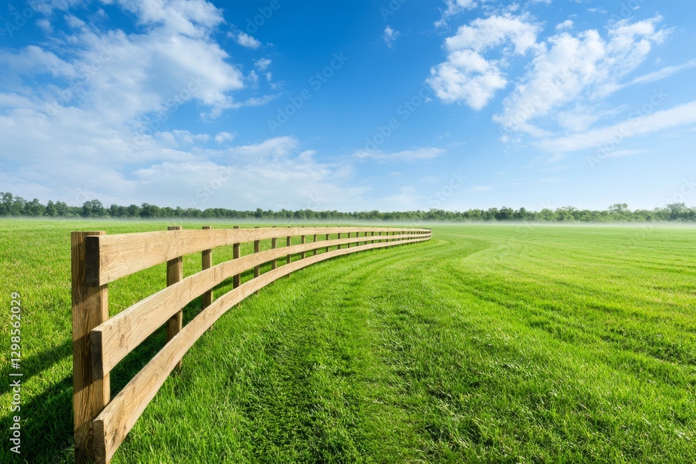 A misty morning scene over a rolling countryside field, with a small wooden fence stretching across