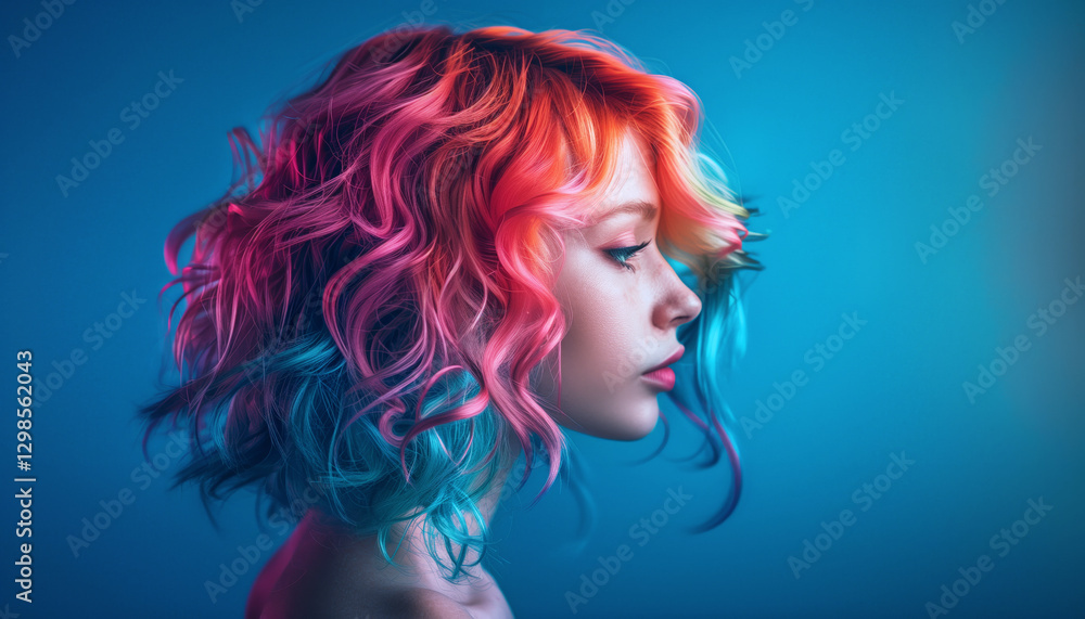 Fototapeta premium High detailed close up portrait of young female with Dyed Multi Colors Hair hairstyle and brighty make-up on vibrant Blue wall. Modern teens expressional serene outlook with individuality accent.