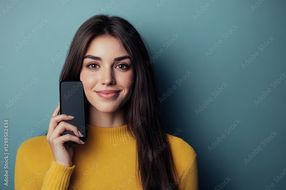 Young woman smiling while talking on smartphone against a blue background Young woman smiling while talking on smartphone against a blue background