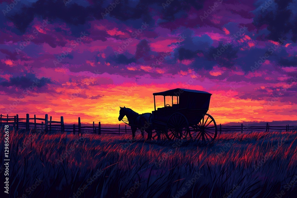 Silhouette of horse-drawn carriage at sunset, traversing a grassy field with wooden fence