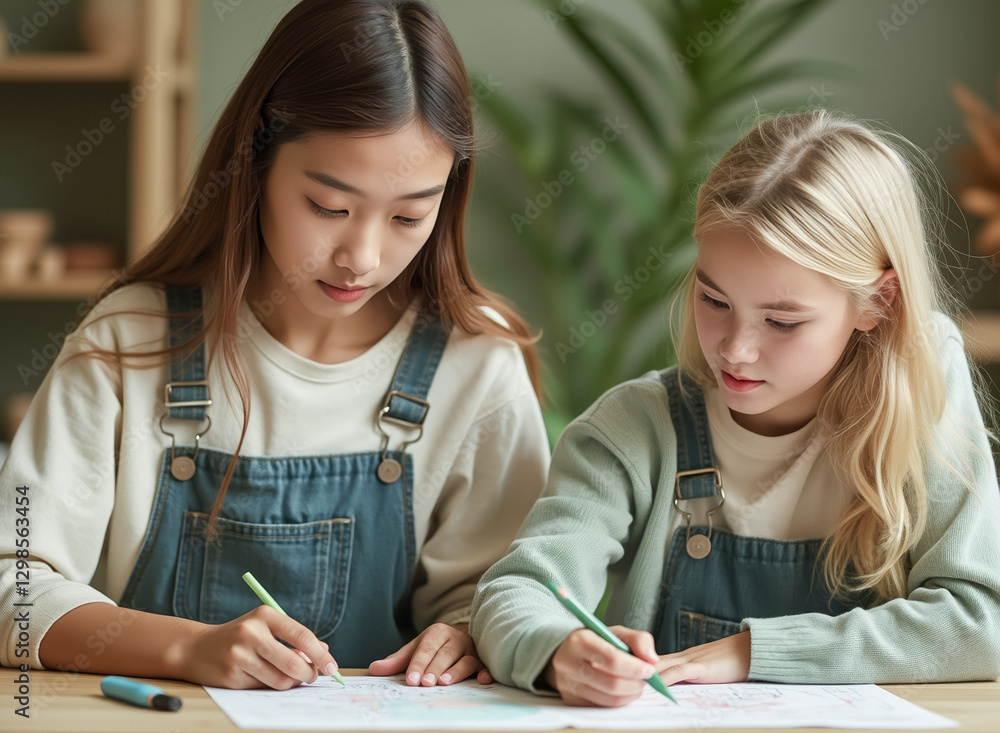 two girls wearing denim overalls collaborate on a drawing project. two girls wearing denim overalls collaborate on a drawing project.