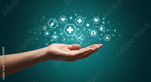 A hand seemingly interacts with floating healthcare icons, creating a concept of modern health management amid glowing bokeh lights
