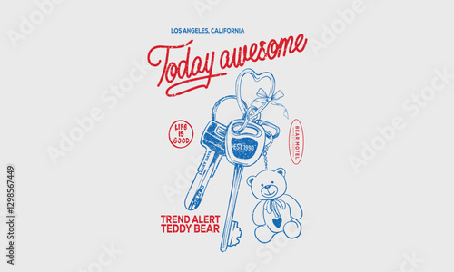 Teddy bear key set design for t shirt print, poster, sticker, background and other uses. Motel love key vintage artwork.