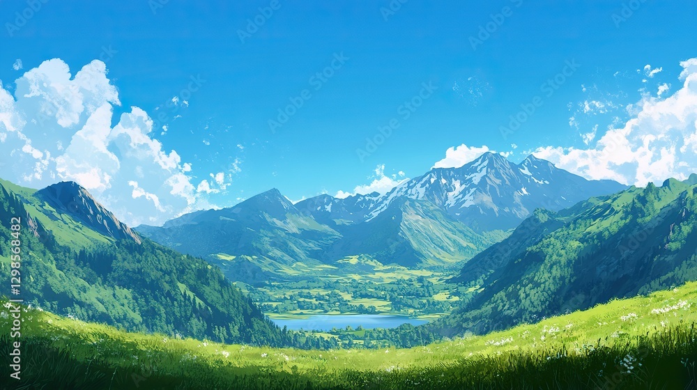 Fototapeta premium Tranquil Alpine Lake with Grass-Covered Hills and Clear Blue Sky, Capturing the Essence of Summer in the Alps, Ideal for Travel and Nature-Themed Designs