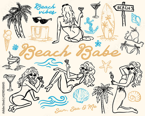 Beautiful Whimsical Style vector set of illustrations - Beach Babe