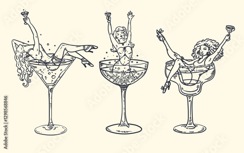 Beautiful vector illustration set of women in cocktail glasses - woman in martini, champagne, margharita, daiquiri and mermaid in a gin glass. For a girls night, bachelorette party