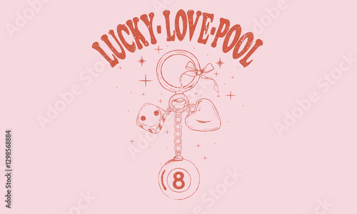 Dice, heart and eight ball key set design for t shirt print, poster, sticker, background and other uses. Love key vintage artwork.