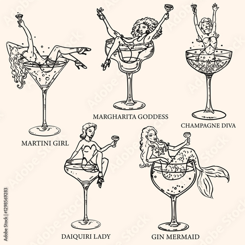 Beautiful vector illustration set of women in cocktail glasses - woman in martini, champagne, margharita, daiquiri and mermaid in a gin glass. For a girls night, bachelorette party