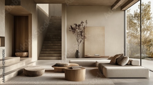Tranquil minimalist living room with an all-neutral color palette and natural materials like wood and linen.