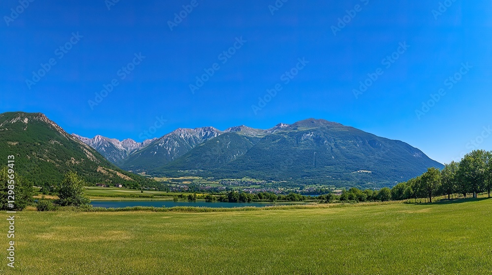 Fototapeta premium Tranquil Alpine Lake with Grass-Covered Hills and Clear Blue Sky, Capturing the Essence of Summer in the Alps, Ideal for Travel and Nature-Themed Designs