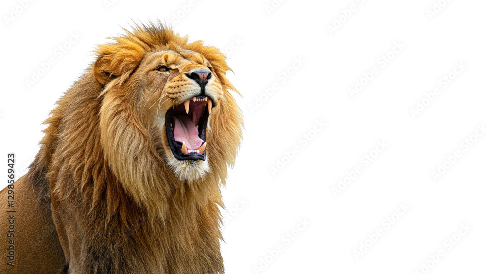 Obraz premium Majestic Roaring Lion Close-Up with Sharp Teeth and Golden Mane – Powerful Wildlife Predator on Transparent Background