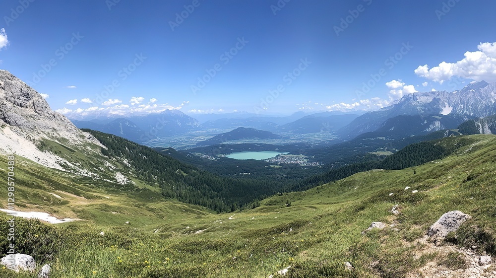Tranquil Alpine Lake with Grass-Covered Hills and Clear Blue Sky, Capturing the Essence of Summer in the Alps, Ideal for Travel and Nature-Themed Designs Tranquil Alpine Lake with Grass-Covered Hills and Clear Blue Sky, Capturing the Essence of Summer in the Alps, Ideal for Travel and Nature-Themed Designs