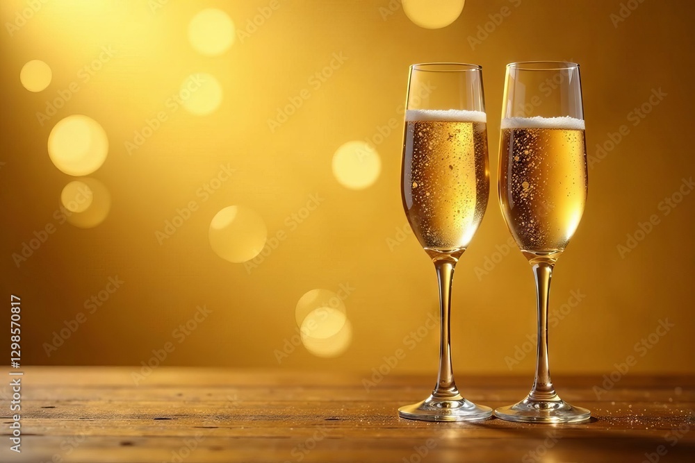 Two champagne flutes, bubbles effervescing, gold backdrop, celebration, toast Two champagne flutes, bubbles effervescing, gold backdrop, celebration, toast