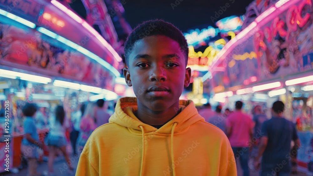 Obraz premium Young Boy in Yellow Hoodie at Neon Carnival Setting at Night