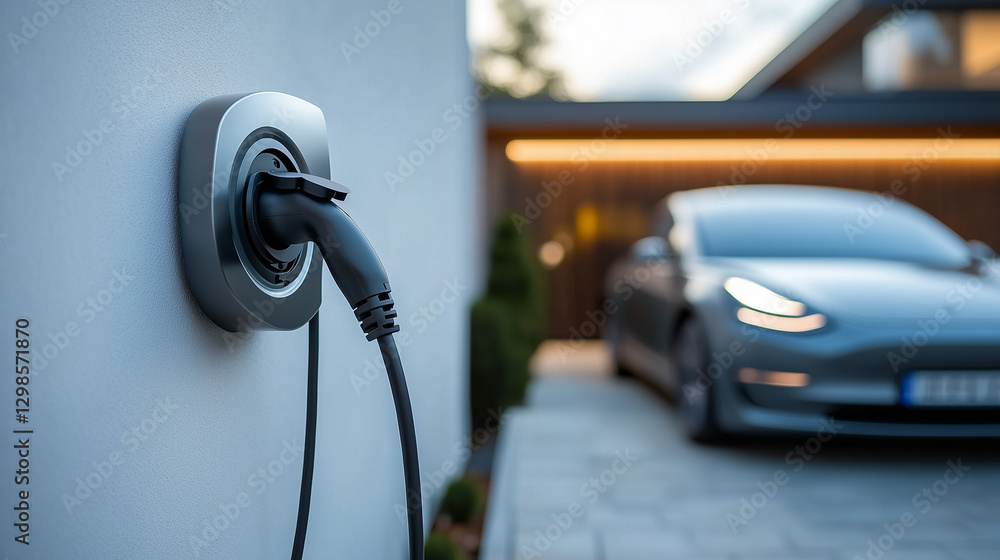 Electric vehicle charging station installed at a modern home in the evening with a parked car ready for charging. Generative AI Electric vehicle charging station installed at a modern home in the evening with a parked car ready for charging. Generative AI