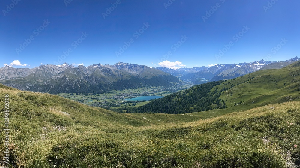 Naklejka premium Tranquil Alpine Lake with Grass-Covered Hills and Clear Blue Sky, Capturing the Essence of Summer in the Alps, Ideal for Travel and Nature-Themed Designs