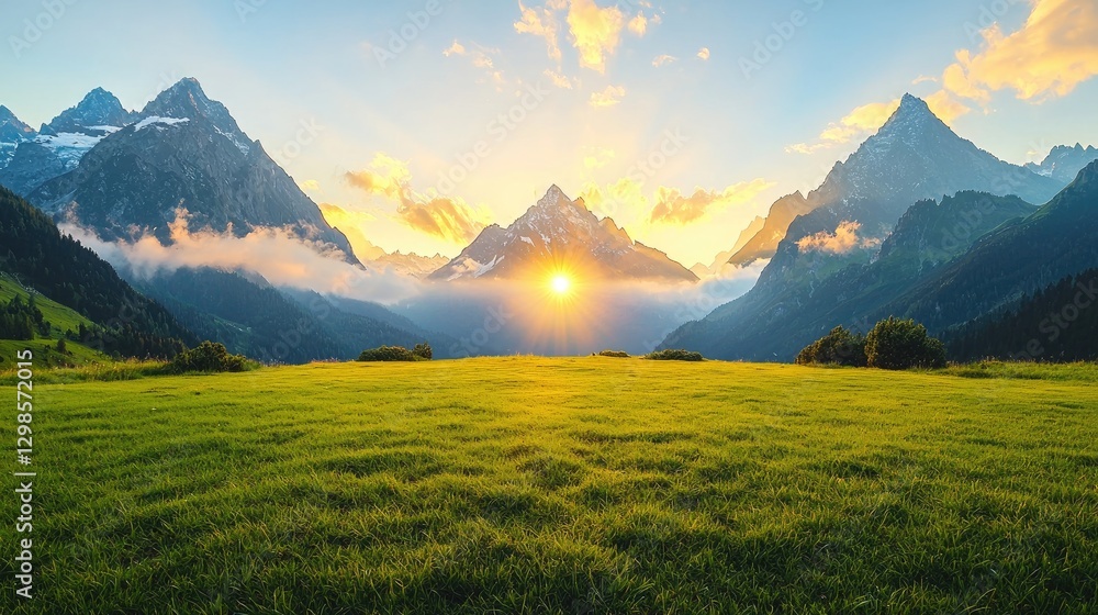 Fototapeta premium Majestic mountain peaks rise above a lush green meadow as the golden sun rises during a serene alpine morning.