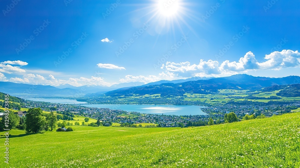 Obraz premium Tranquil Alpine Lake with Grass-Covered Hills and Clear Blue Sky, Capturing the Essence of Summer in the Alps, Ideal for Travel and Nature-Themed Designs