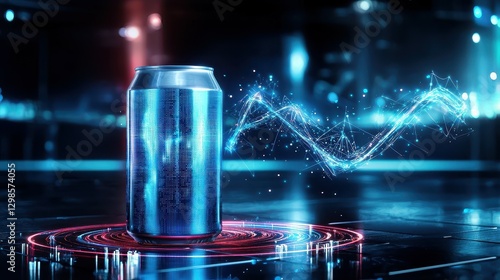 Futuristic blue soda can with glowing digital elements in a dark environment.