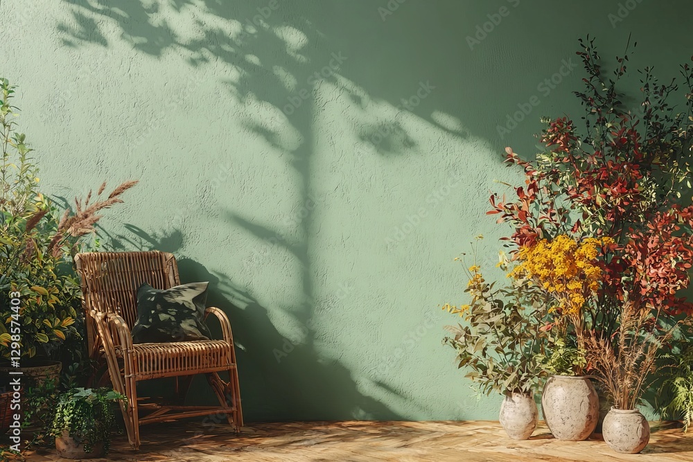 Obraz premium A bohemian-style room features a blank beige wall mockup, accompanied by a wicker armchair and a vase, with natural light pouring in from a nearby window to create a promotional backdrop