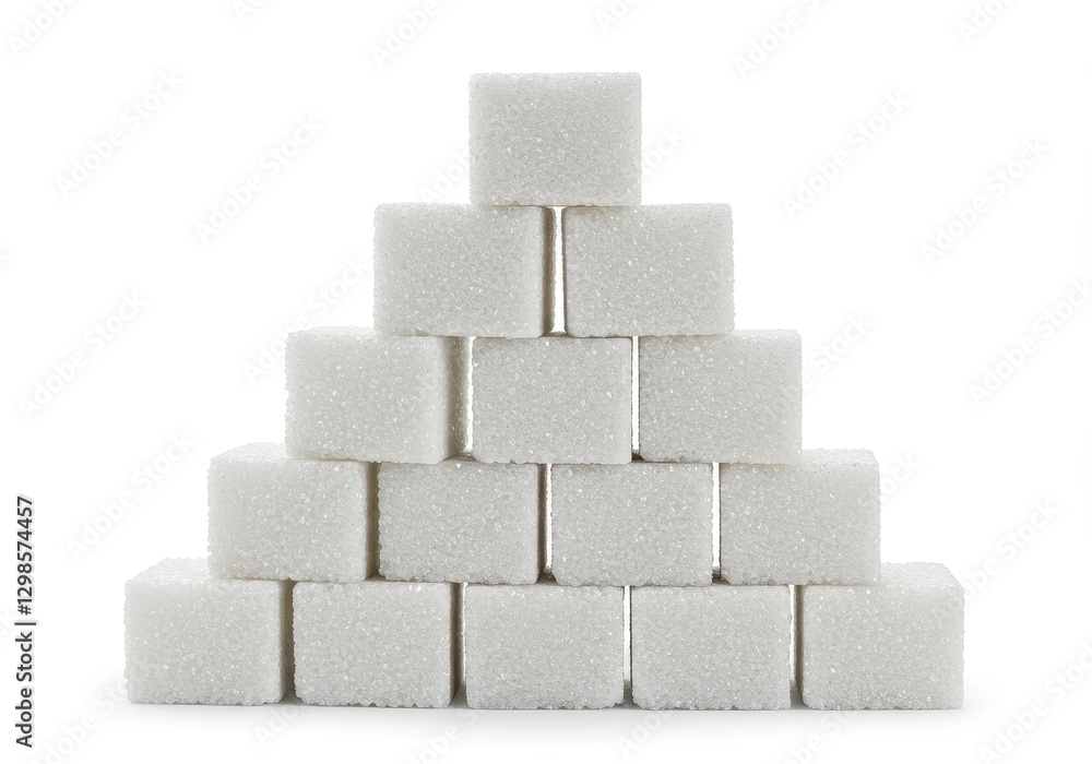 Stack of white sugar cubes arranged in a pyramid shape showing detailed crystalline texture isolated on white background Stack of white sugar cubes arranged in a pyramid shape showing detailed crystalline texture isolated on white background