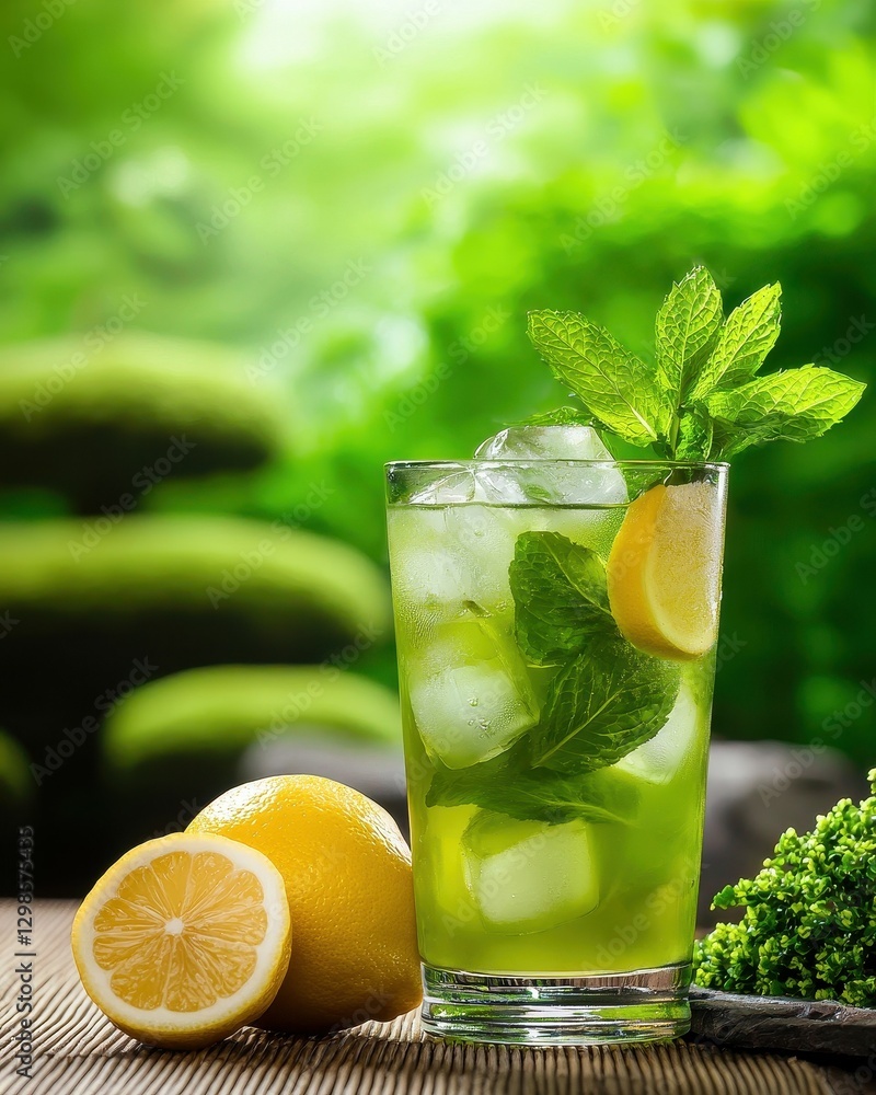 Fototapeta premium Refreshing mint lemonade drink with lemon slices and mint leaves.
