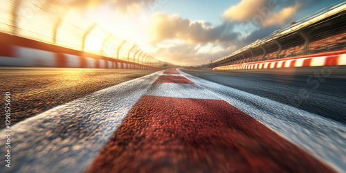 High-speed racing track with motion blur and a finish line under bright sunlight, symbolizing speed, competition, and victory in motorsports