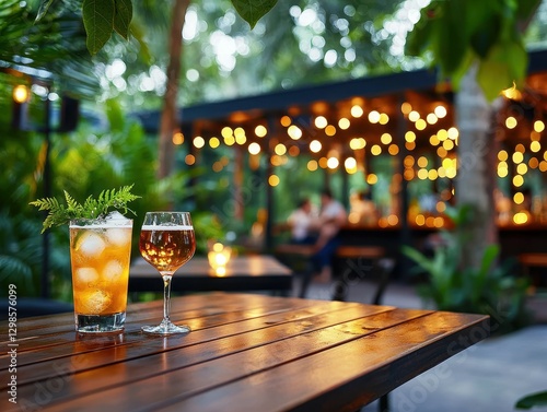 Two refreshing drinks on a wooden table in a vibrant outdoor setting.