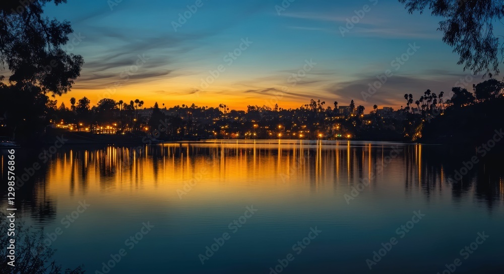Echo Park Lake in Downtown Los Angeles: A Tranquil Sunset on the Water Echo Park Lake in Downtown Los Angeles: A Tranquil Sunset on the Water