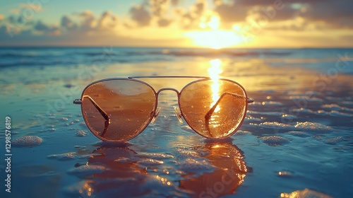 Wallpaper Mural Sunglasses reflect sunset ocean beach Torontodigital.ca