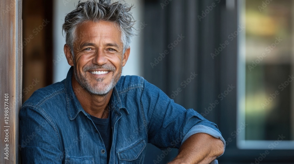 Smiling Mature Man in Denim Shirt Smiling Mature Man in Denim Shirt