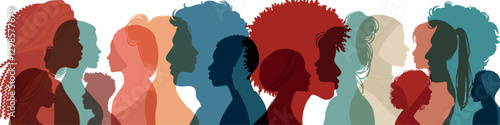 Silhouette profile group of men and women of diverse culture. Diversity equality inclusion belonging. DEIB. Crowd of multicultural people