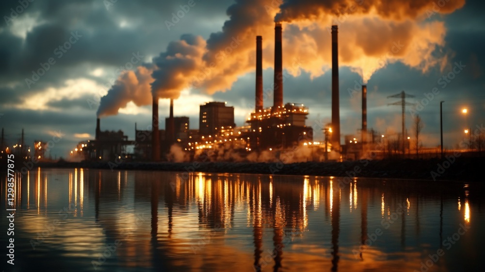 Naklejka premium industrial factory at night polluting the air near a river