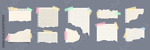 Collection of realistic ripped notebook pages with torn edges. Note paper fixed in sticky adhesive tape. Template for scrapbooking, creative design, social media, flyers, invitations, DIY collage