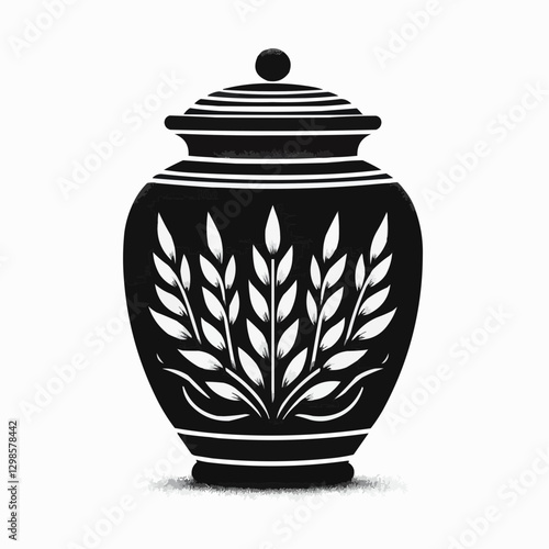Elegant black and white urn silhouette for ashes with leaf design on a light background
