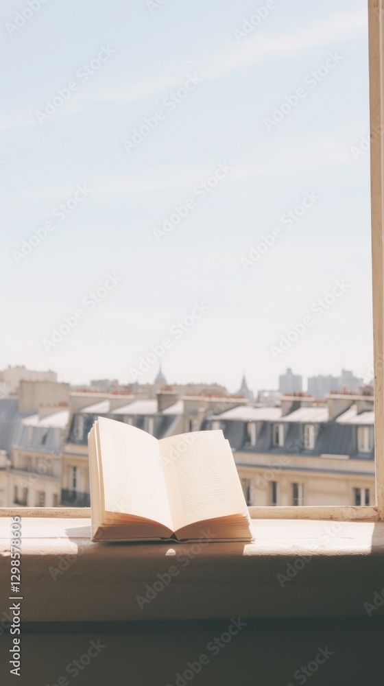 Fototapeta premium Book sitting on the window paris view publication architecture transparent.