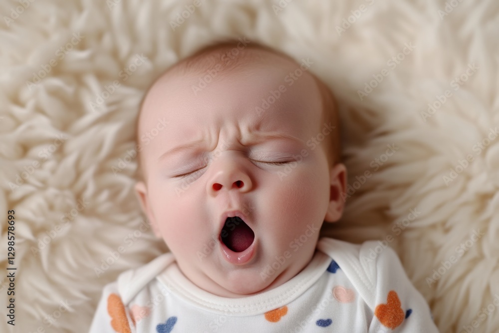 A newborn baby yawning while lying on a soft, fluffy nursery rug A newborn baby yawning while lying on a soft, fluffy nursery rug