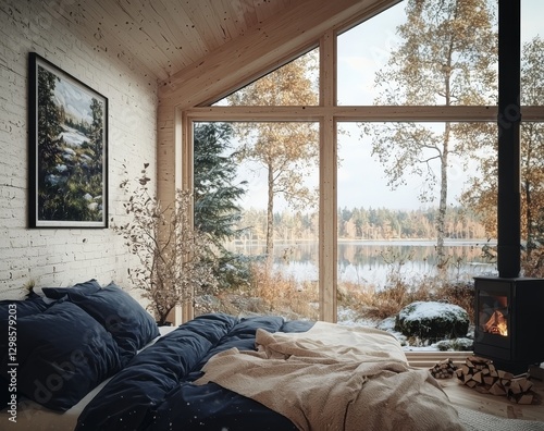 A modern bedroom loft features a bed with a blue pillow and coverlet situated near a fireplace, complemented by a brick wall photo