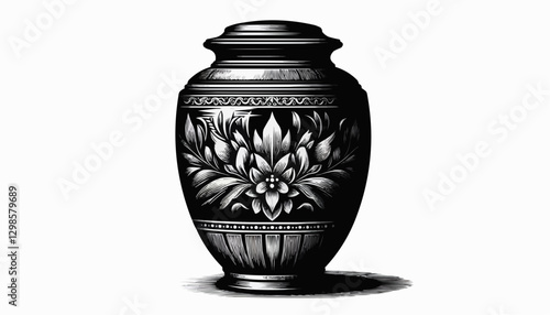 Elegant black and white urn for ashes with floral patterns on a light background
